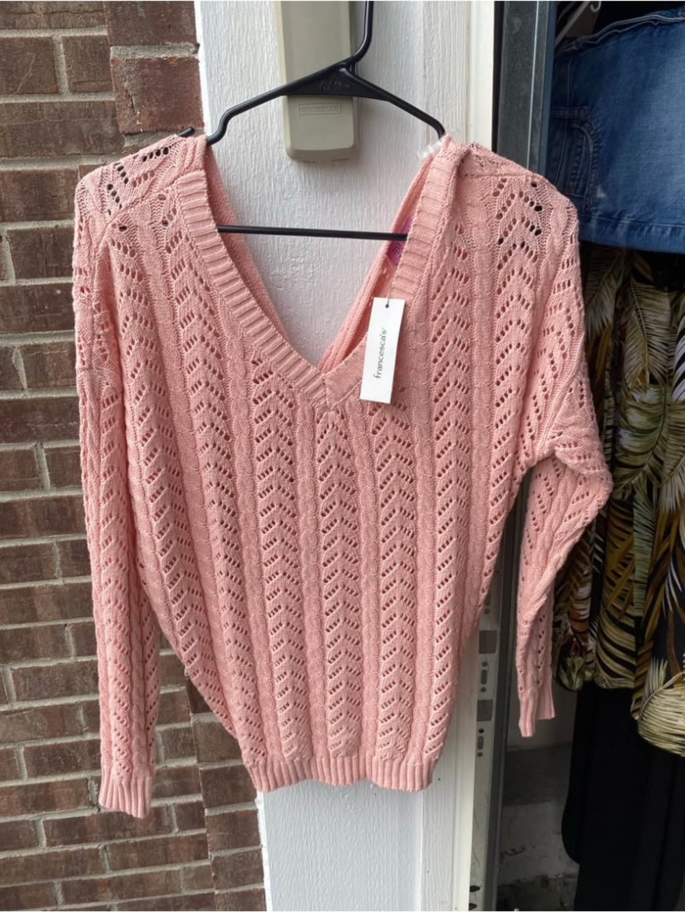 Francesca's Collections Light Pink V-Neck Open-Knit Sweater
